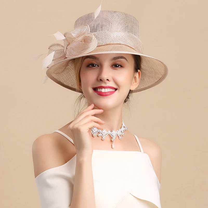 Fashion Flat Top Fedoras Hat Sunshade Retro Aristocratic Feather Beach Visor Cool Women Hats Royal Ascot Ladies Day Cap H6629