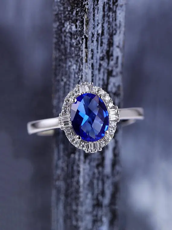 MYRAY Lab Created Blue Sapphire Wedding Ring 14k White Gold Baguette Cut Natural Diamond Halo Engagement Bridal Anniversary Gift | Украшения