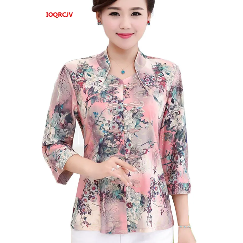 

Middle Age Women Blouse Summer New Blouse 4XL Mother Three Quarter Sleeves Shirt Print Blusa Feminina Tops Cardigan 1055