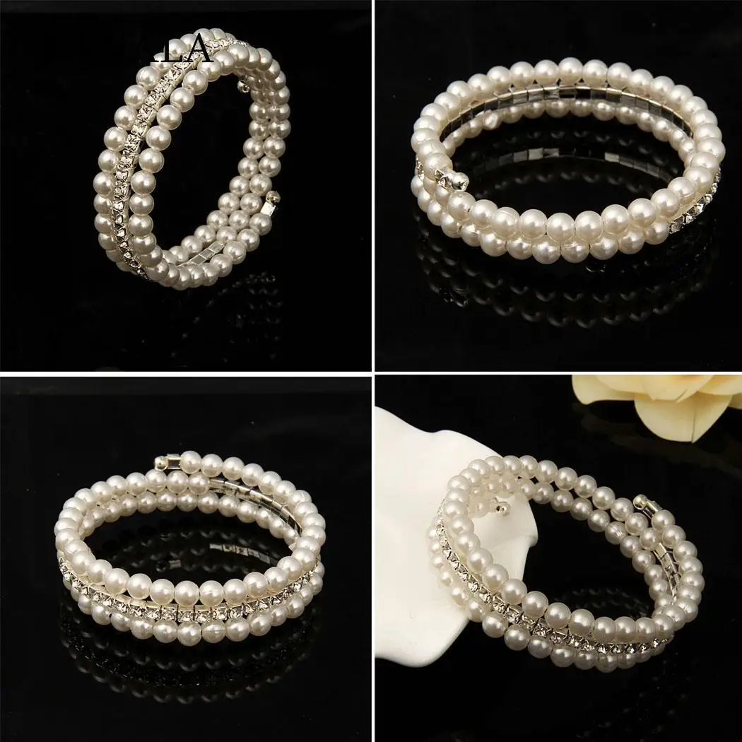 Multilayer Women Fashion Faux Pearl Rhinestone New Open Bangle Bracelet | Украшения и аксессуары
