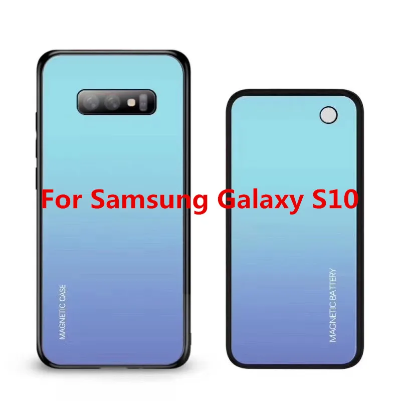 Чехол для зарядного устройства для samsung Galaxy S10 Plus S10e тонкий градиентный чехол из закаленного стекла с магнитным беспроводным зарядным устройством чехол для внешнего аккумулятора - Цвет: Blue For S10