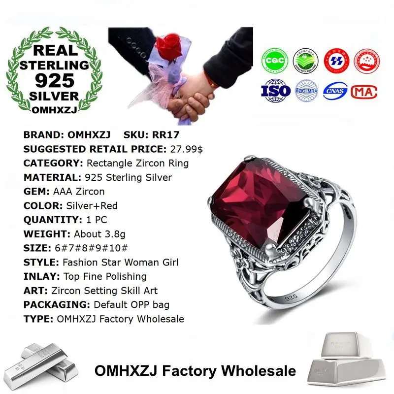 OMHXZJ Wholesale European Fashion Woman Man Party Wedding Gift Silver Red Rectangle AAA Zircon 925 Sterling Ring RR17 | Украшения и