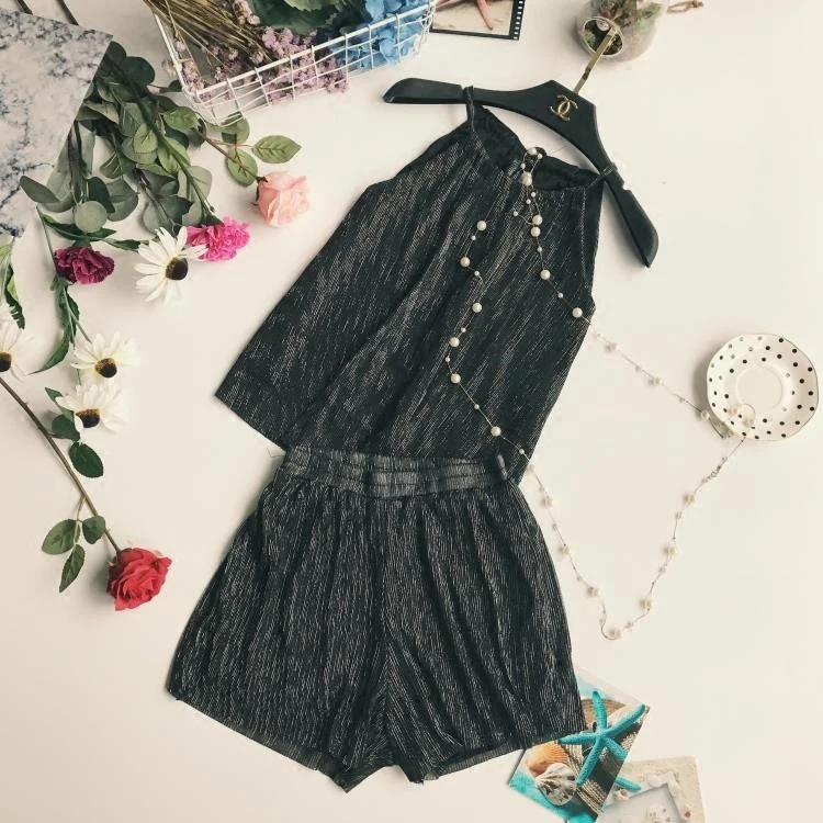 New Arrival Summer Women Fashion Rayon Halter Sexy Sleeveless Regular Solid Urban Sets Female Casual Beach Bling Crop Top Shorts | Женские