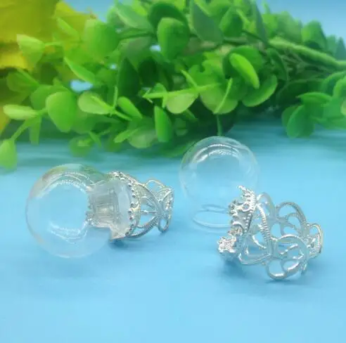 100pcss/lot 20*15mm cute Glass globe with 15mm silver flower crown ring tray set glass bottle bubble DIY vial jewelry | Украшения и