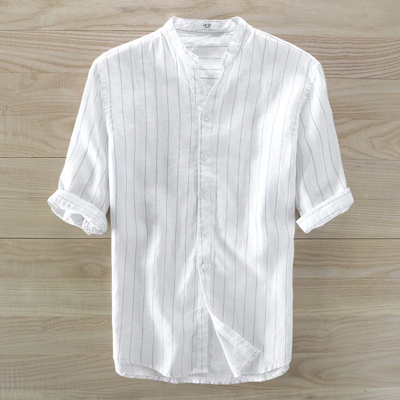 Рубашка Мужская льняная в полоску с рукавом до локтя|camisas para hombre|shirt men stripedlinen shirts |