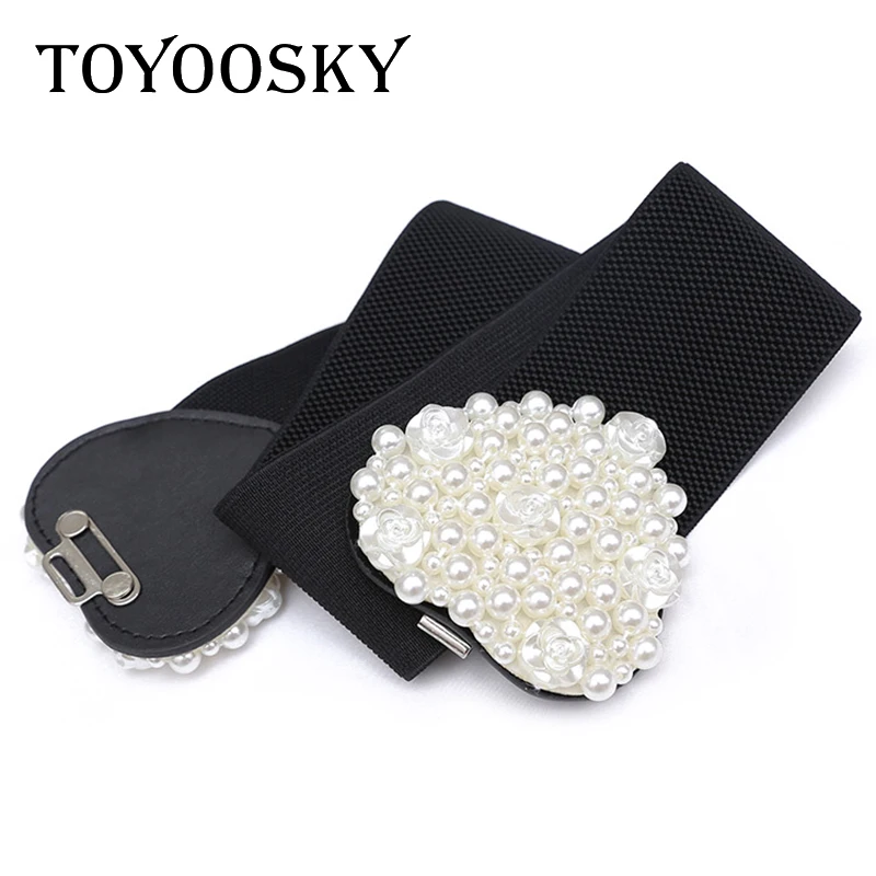 

2019 New Arrival Fashion Women Belt Elastic Elegant Pearl Black White Heart-shaped Wide Belt for Women Luxury Designer Brand