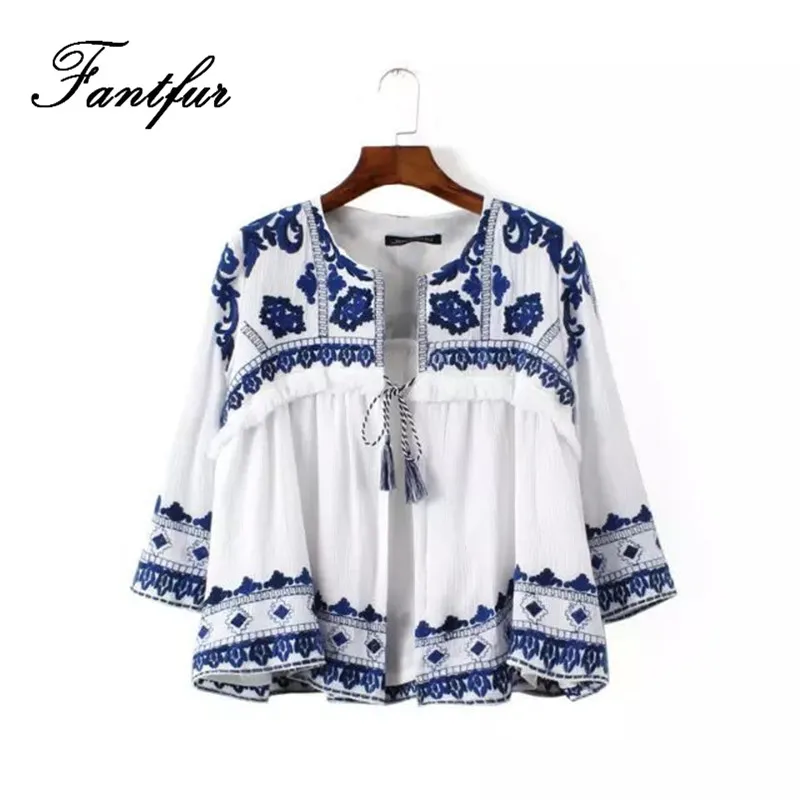 Fantfur Для женщин Boho люди Этническая Вышивка Блузки для малышек Цветочный принт
