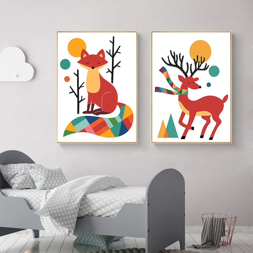 Принты для домашнего декора картина Nordic мультфильм животных изображение Wall Art