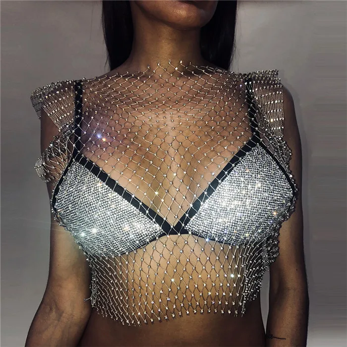 Silver O-neck FestivalQueen Сексуальная Бриллиантовая сетка обрезанная майка женская летняя накидка бикини Прозрачная сетка со стразами вечерние клубный кроп-топ - Цвет: Silver O-neck