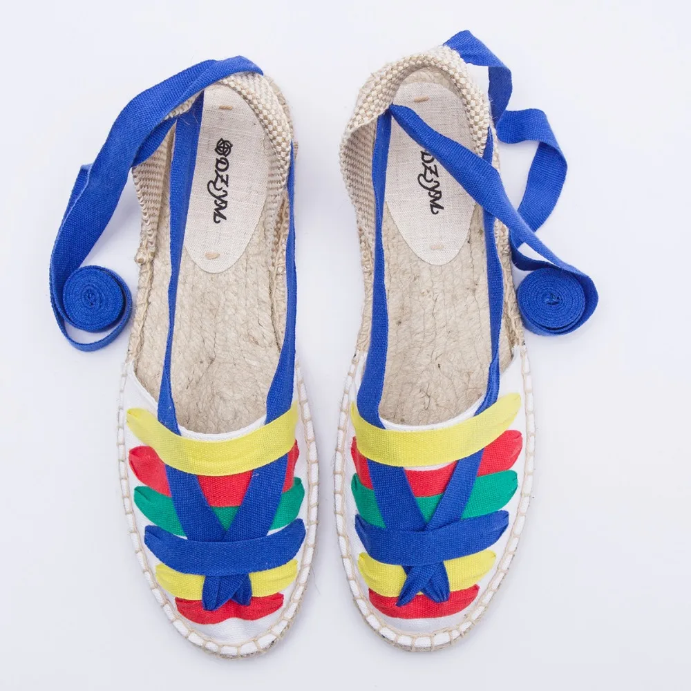 Women's canvas lace-up flats sandals summer student hemp sole sandalias riband candy color ankle strap womens casual shoes sale | Обувь