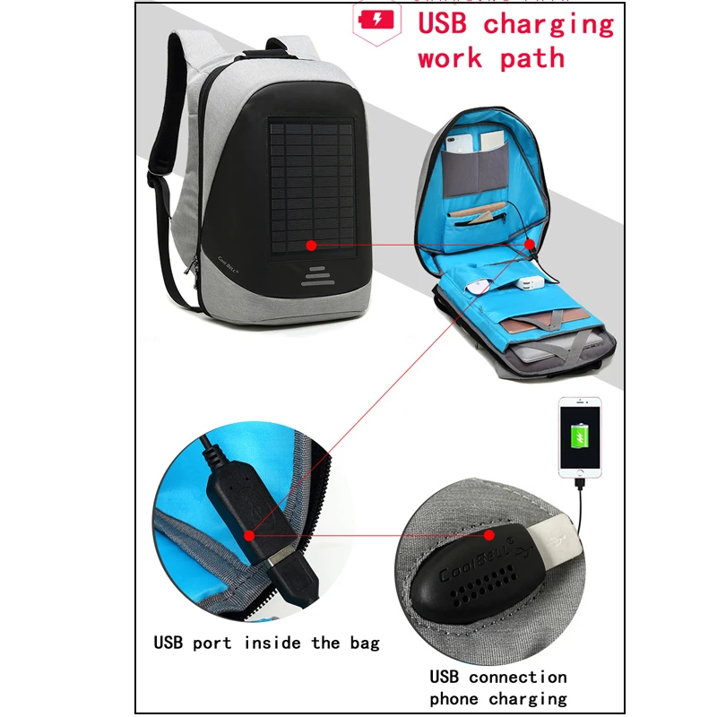 Нейлоновая сумка для ноутбука, USB рюкзак с солнечной зарядкой, 14 15 15,6, для Macbook, Asus, Dell, lenovo, Xiaomi, samsung, мужские дорожные водонепроницаемые сумки
