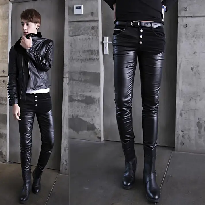 Splice personality fashion pu pants men leather trousers pantalones hombre cargo feet for pantalon homme black autumn | Мужская одежда