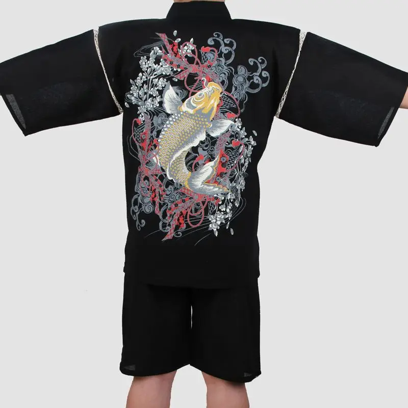 

Men Cotton Yukata Kimono Suit Men Japanese Traditional Pajamas set Short Sleeve Tracksuit Top Pants with Fish embroidery pattern