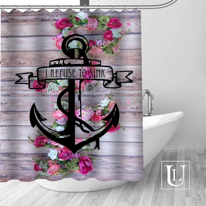 

High Quality Custom Wood and Anchor Shower Curtain Polyester Fabric Bathroom Curtain Hooks Mildew Resistant Bathroom Decor