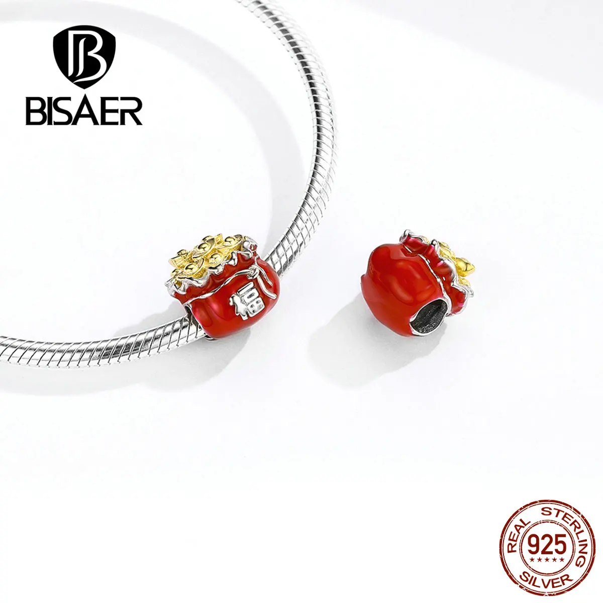 BISAER Горячая 925 пробы Серебряный счастливый мешок бусины Красная эмаль счастливый мешок талисманы fit Шарм браслеты серебро 925 ювелирные изделия EFC100