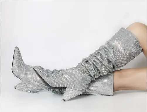 Женские шикарные сапоги с блестками кожаные до колена украшенные кристаллами