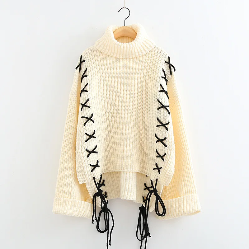 OMCHION Pull Femme 2018 Winter Turtleneck Flare Sleeve Sweater Women Casual Oversized Lace Up Pullover Korean Jumper LMM131 | Женская
