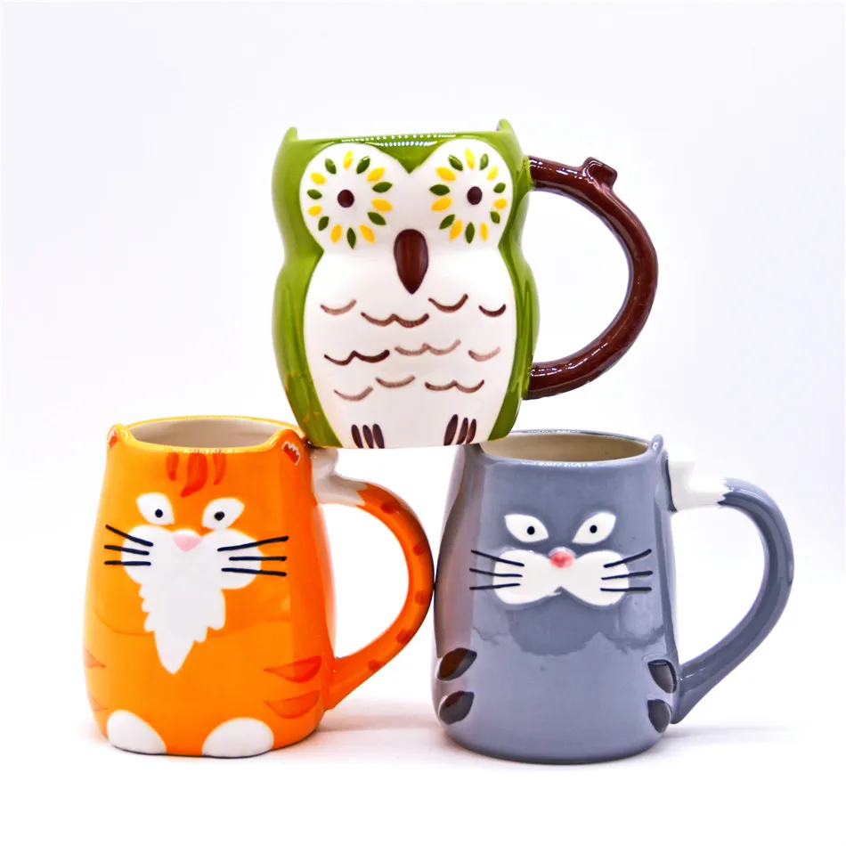 3D Ручная роспись Кошка чашка милый кот кружка мультяшная Сова молочная кружка детская чашка для завтрака цветочные чайные чашки пара забавная офисная кофейная кружка C407