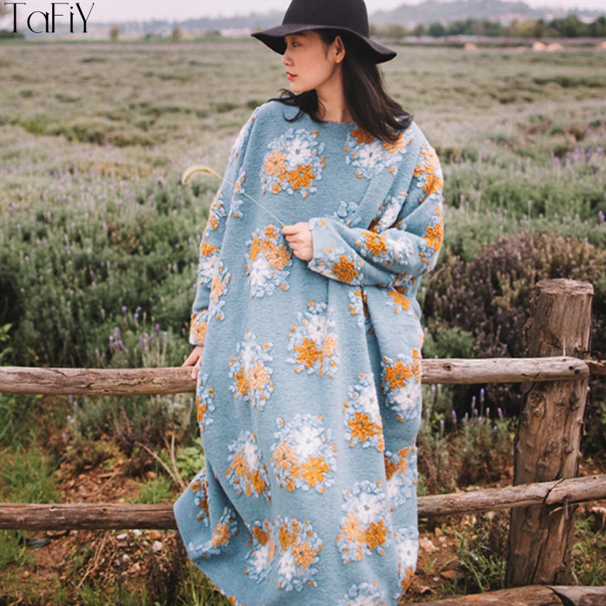 TaFiY Vestidos, женские зимние платья, Ретро стиль, Круглый ворот, цветочный принт, утолщенная шерсть, макси, длинные халаты размера плюс, шерстяное женское платье