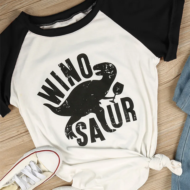 Модные женские футболки реглан с принтом динозавра круглым вырезом женская