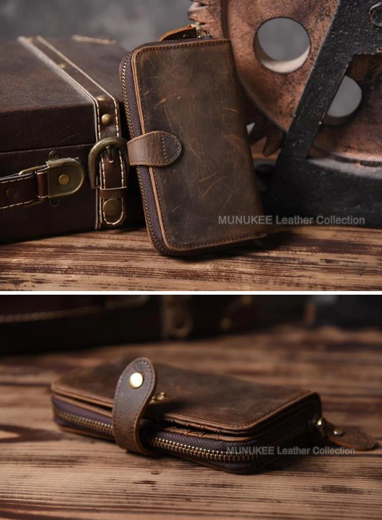 Vintage Crazy horse Genuine Leather Men Wallet Men Purse Leather Wallet male  Purse Long style Clutch Bag Coin bag Money Clips