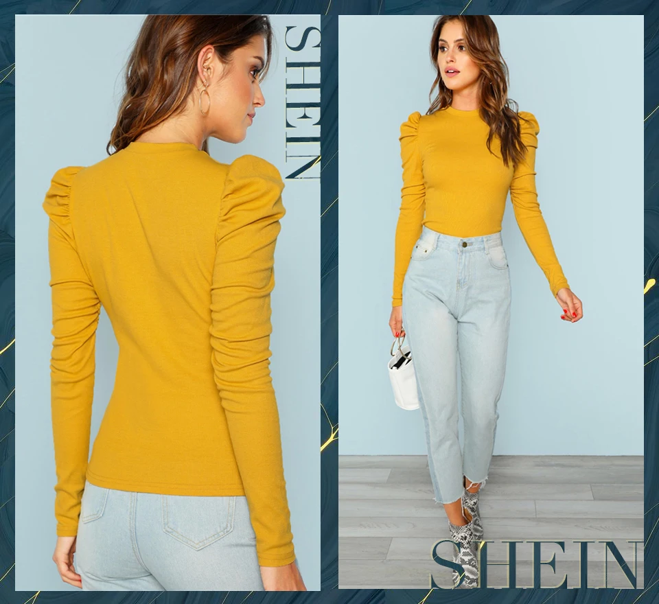SHEIN, горчичный, элегантный, минималистичный, с пышными рукавами, в рубчик, вязанный, однотонный, пуловер, тонкая, подходит, тройник,, осень, для офиса, леди, женская футболка, Топ
