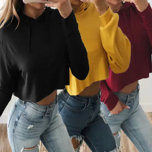 

Fashion Women Lady Long Sleeve Hoodie Pullover Hooded Blouse Crop Tops Casual Solid Autumn Women Clothing