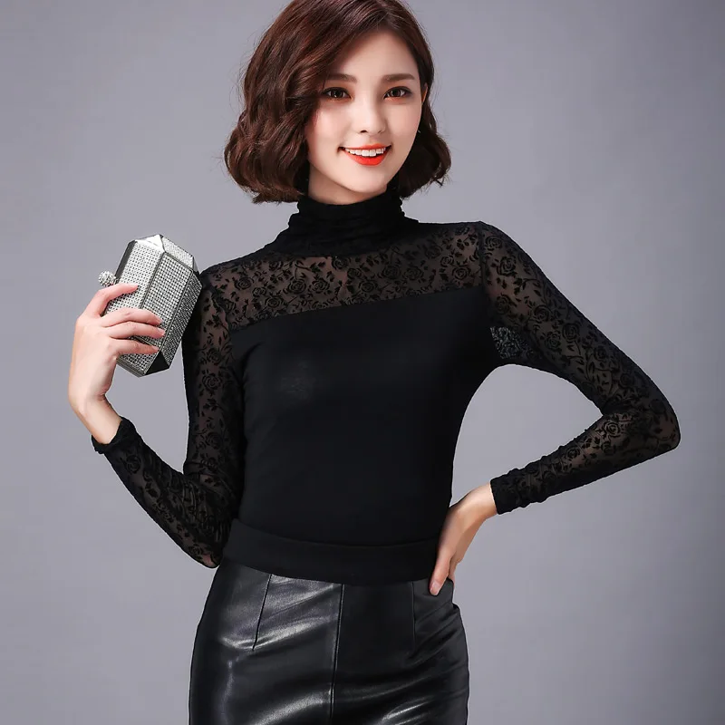 Большие размеры женская черная блузка Топы 2017 Осень Зима длинный рукав водолазка