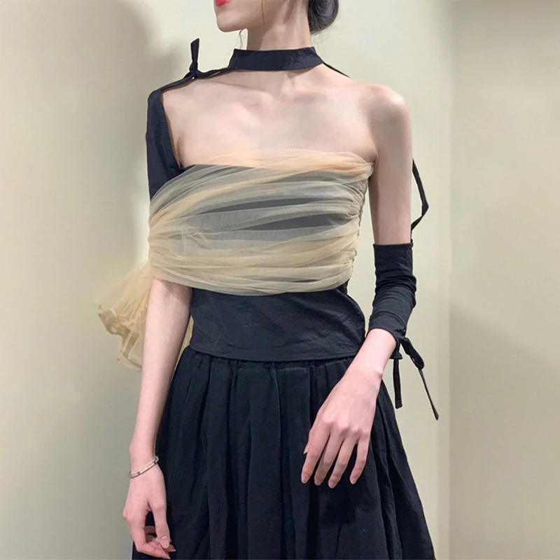 TWOTWINSTYLE летняя сетчатая Лоскутная Сексуальная футболка для женщин водолазка нерегулярные повязки Тонкий Топы Женская мода