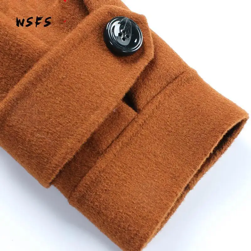 

Winter Coat Brown Long Sleeve 100% Sheep Wool Womens Coats Covered Button Turndown Office Lady Elegant Trench Woolen Overcoats