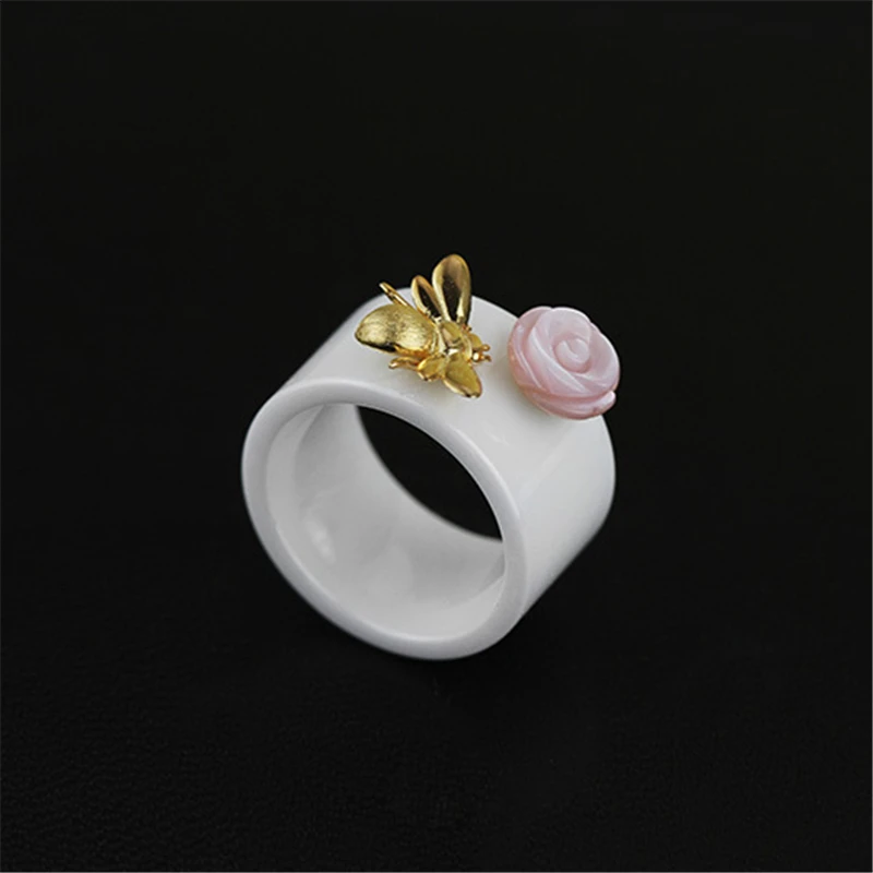 Lotus Fun Настоящее серебро 925 проба Натуральный ручной работы ювелирные изделия керамика милый пчела поцелуй из набор бижутерии с розой для женщин Bijoux