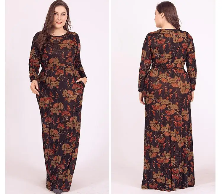 

Vintage Women Flower Print Long Sleeve O-Neck Maxi Dress Party Plus Size Dress Muslim Casual Robe Gown Islamic Arab Abaya Dress