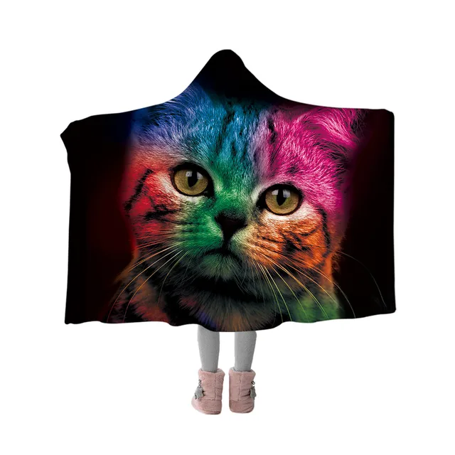 BlessLiving Colorful Cat Hooded Blanket Cute Animal Sherpa Fleece Throw Blanket Adults Kids Wearable Blanket for Outdoor Picnic 6