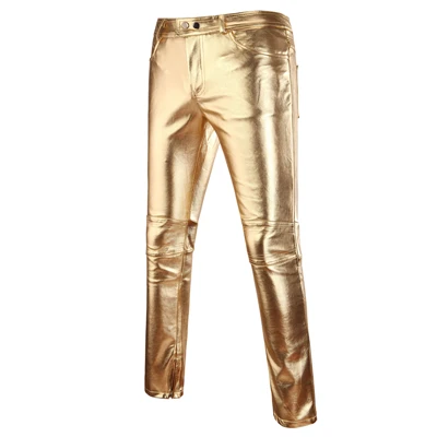 Pk01 Gold Мужские облегающие глянцевый золотистый Серебристый Черный pu кожаные штаны мотоциклетные мужские Клубные сценические штаны для певцов и танцоров повседневные брюки - Цвет: Pk01 Gold