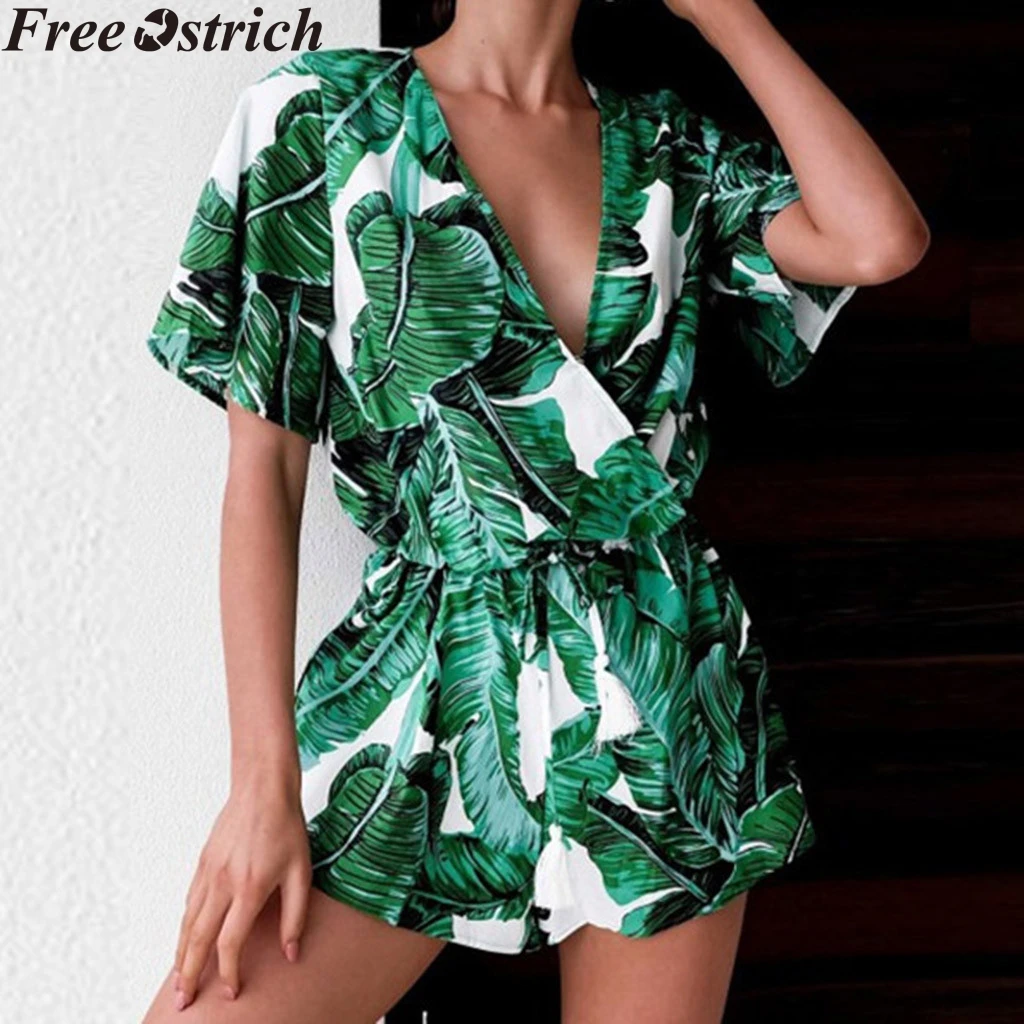 Summer short romper Women jumpsuit leaf print plus size playsuit high waist lace up Ladies sleeve casual | Женская одежда