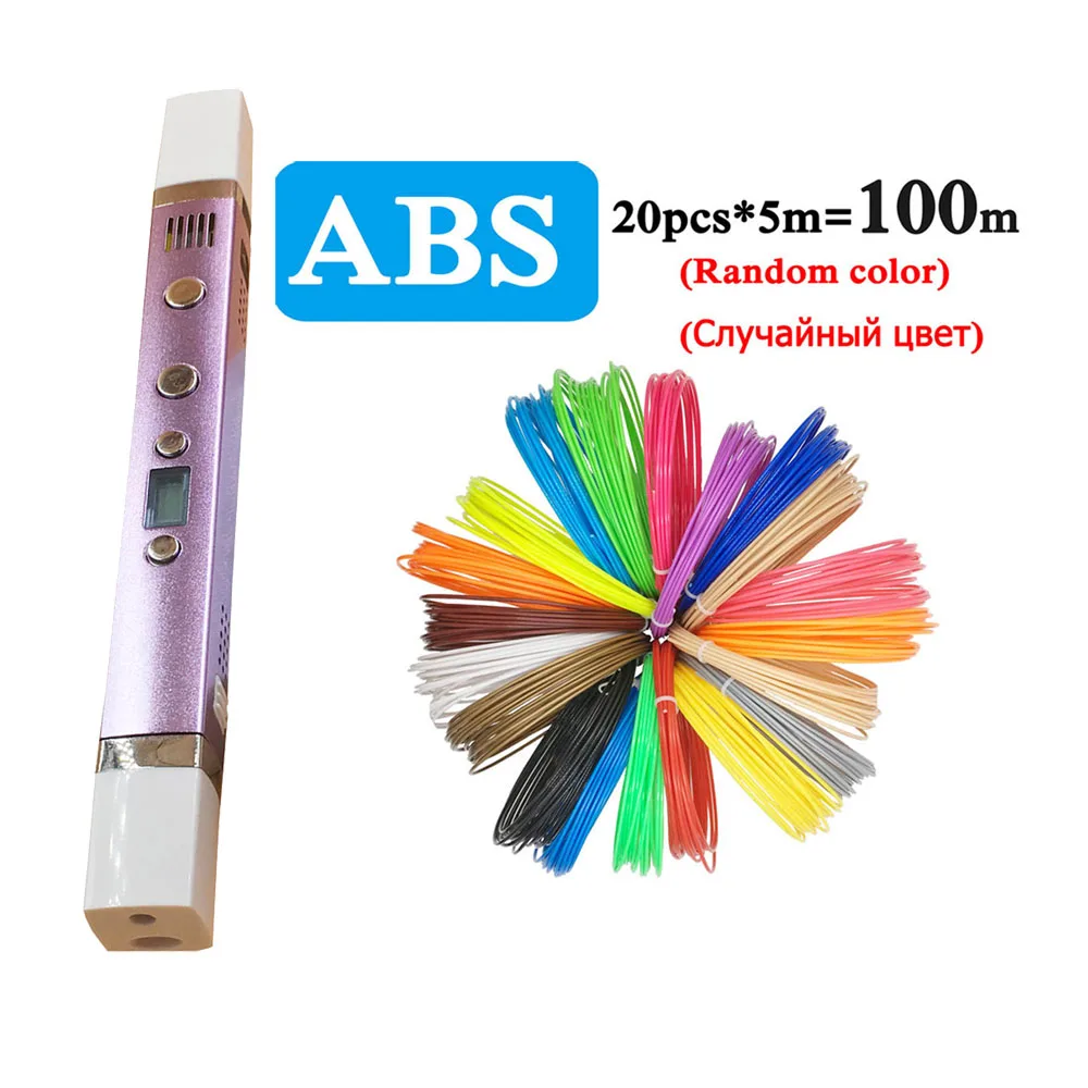 Myriwell 3d принтер Ручка 3D печать Ручка для рисования 5 в 2 А usb Зарядка температура светодиодный экран Doodle 3d принтер Ручка Magic Maker Art - Цвет: Purple 20pcs 5m ABS