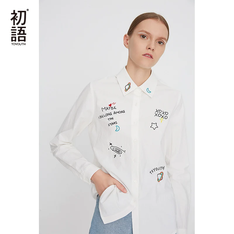 Toyouth Для женщин с вышивкой блузка отложным воротником рубашки письмо Harajuku