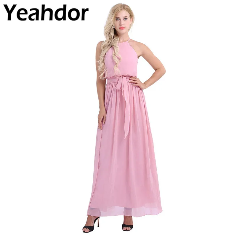 

Women Ladies Sleeveless Halter Chiffon Bridesmaid Dress Long Wedding Birthday Party Prom Gown Full Length Dress Vestido De Festa