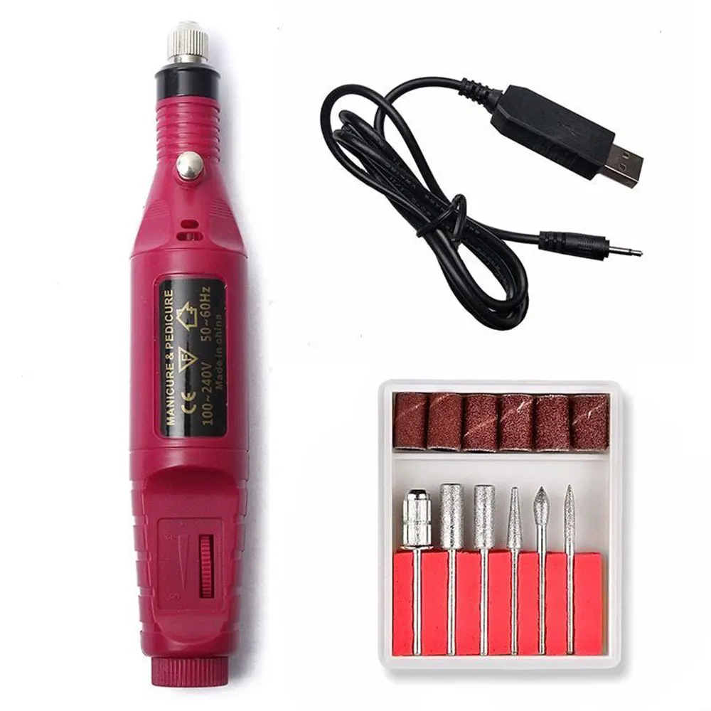 Rose Red with USB 1 Набор USB электрическая дрель для ногтей, педикюрная ручка, шлифовальный аппарат для маникюра, машинка для маникюра, пилка для ногтей, инструмент для дизайна ногтей - Цвет: Rose Red with USB