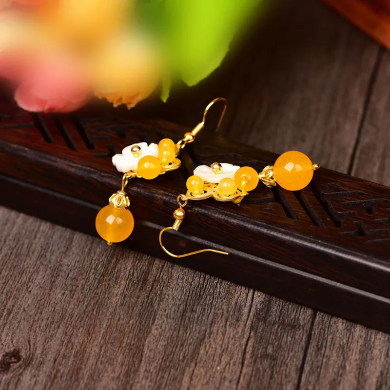 Женские винтажные серьги Yanting ручной работы с желтым халцедоном в этническом