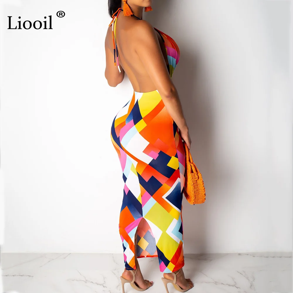 Liooil Tie Dye Женский комплект 2 шт. Холтер облегающее Макси платье с открытой спиной Платья размера плюс длинные сексуальные платья вечерние платья для ночного клуба