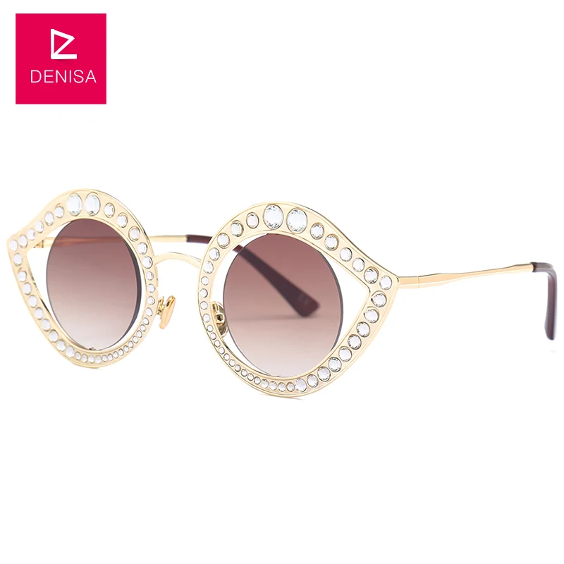 Brown Sunglasses DENISA, круглые линзы, кошачий глаз, солнцезащитные очки для женщин,, трендовые очки со стразами, Винтажные Солнцезащитные очки для девушек, UV400, femme lunette G18616 - Цвет линз: Brown Sunglasses