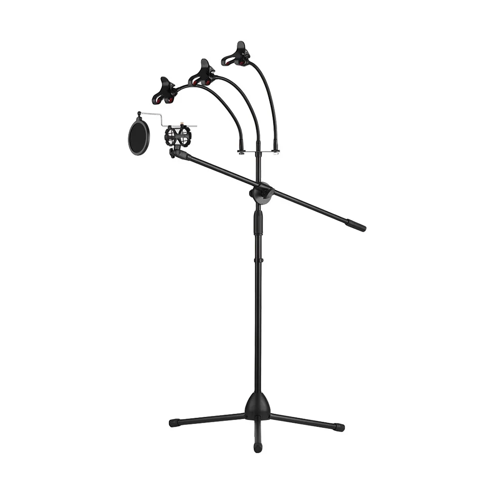 

Tripod Microphone Stand Adjustable Height with Boom Arm 3 Mic Holders & 3 Smartphone Holder for Cellphone Live Streaming