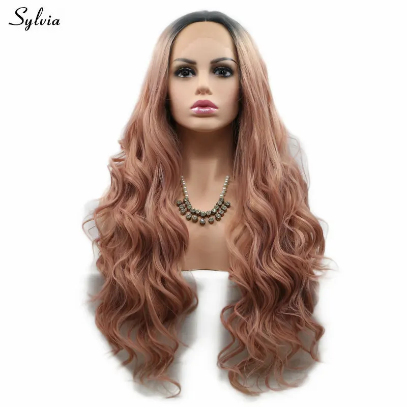 Sylvia Synthetic Wigs Lace Front Glueless Heat Resistant Fiber Brown Ombre Rose Gold Natural Hairline Long Soft Body Wave | Шиньоны и