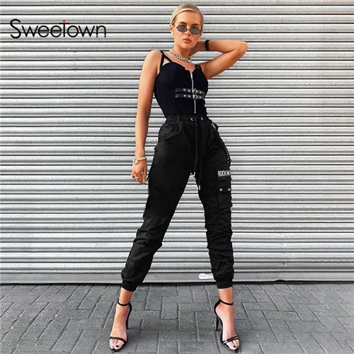 black Sweetown черные уличные брюки-карго женские белые эластичные брюки на шнурке С Высокой Талией Модные Хиппи шаровары с металлической цепочкой - Цвет: black