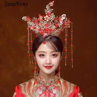 janevini luxury chinese gold bridal crowns beaded costume red butterfly hairpins with earrings wedding jewelry hair accessories