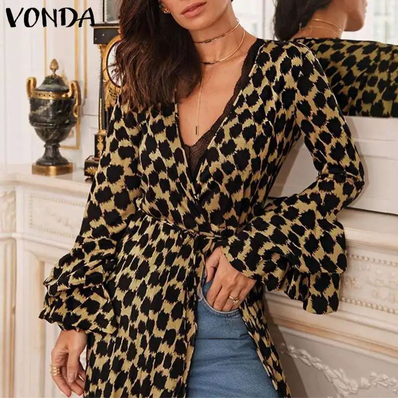 VONDA Sexy Split Maxi Dresses Casual Loose Leopard Print Long Sleeve Women Dress 2020 Autumn Spring V-neck Party Sundress | Женская