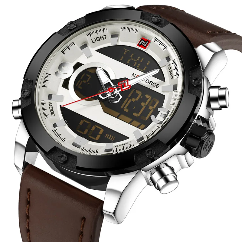 Silver White NAVIFORCE Роскошные Брендовые мужские Аналоговые Цифровые кожаные спортивные часы мужские армейские военные часы мужские кварцевые наручные часы Masculino - Цвет: Silver White