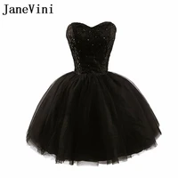 janevini black short bridesmaid dresses tulle a line beading lace up back knee length wedding guest party gowns prom wear 2018