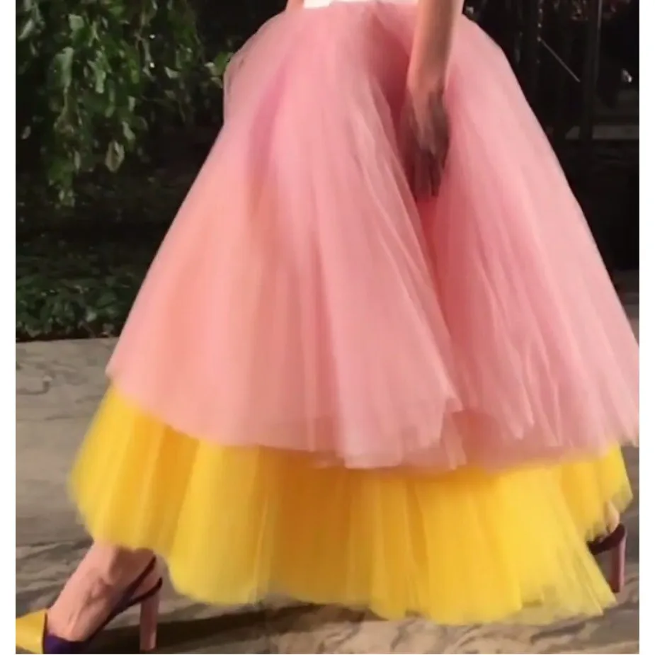 

Chic Lush Tulle Skirt 2017 Pink And Yellow Ankle Length Mix Color Tulle Skirts For Women Custom Made Zipper Style Tiered Pleat